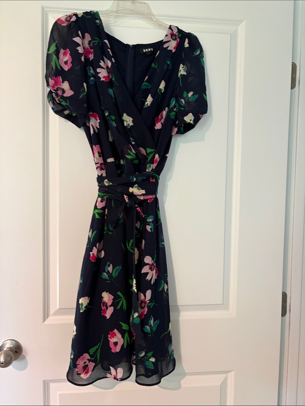 DKNY Navy Floral Wrap Dress with Puff Sleeves and Tie Waist